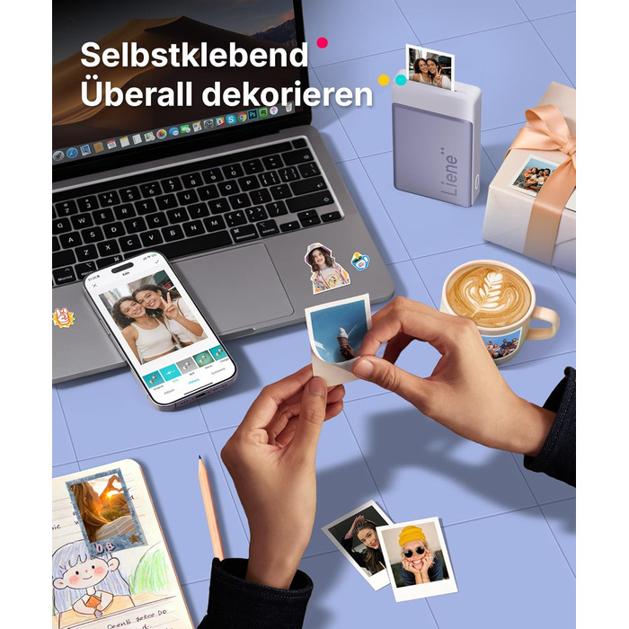 Портативний міні-фотопринтер Liene Pearl N200 Pro з підключенням Bluetooth, сублімаційна технологія, 300 dpi, для iPhone та Android, вбудований акумулятор, комплект з 50 фото (5x7,6 см) та 5 фарбовими стрічками (Lila)