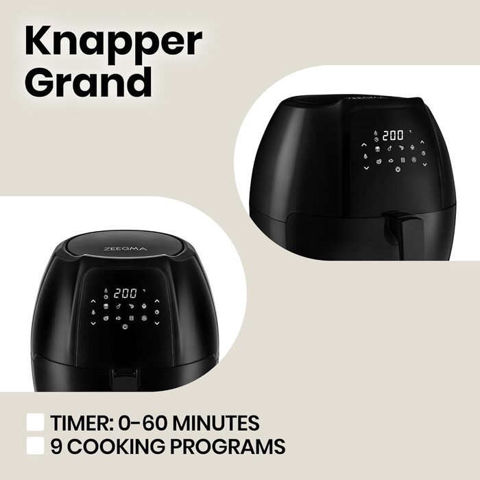 Фритюрниця-гриль ZEEGMA Knapper Grand 1800 Вт, 6 л, аерофритюрниця без олії, 9 програм, швидкий нагрів, сенсорне LCD, енергоефективна, чорна