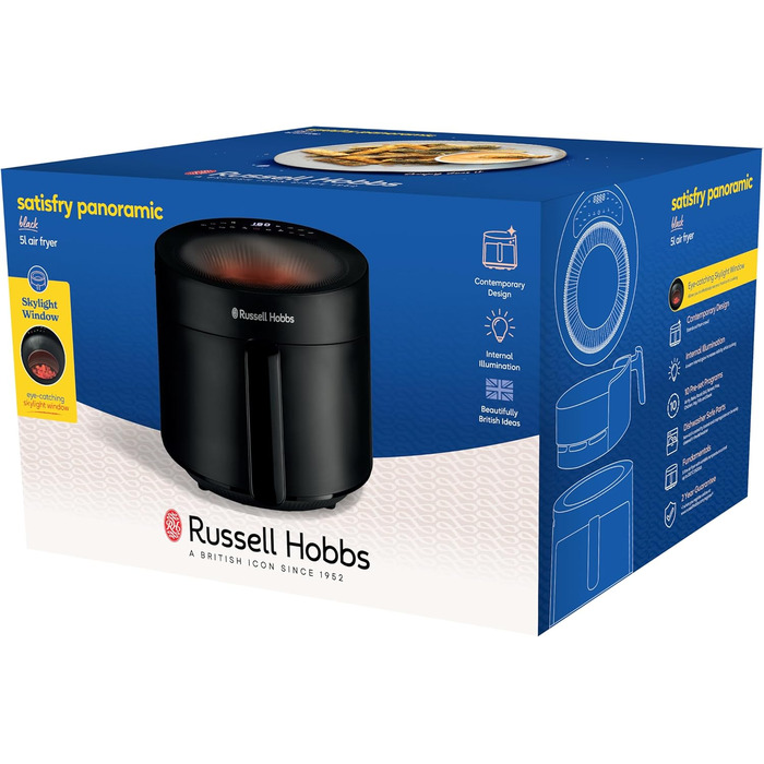 Аерофритюрниця Russell Hobbs SatisFry Panoramic 5 л, 10 програм, з оглядовим вікном, без олії, для фритюру, грилю, запікання, до 200°C, чорна, модель 27420-56