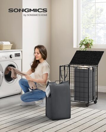 Кошик для білизни SONGMICS 110 л, 2 відділення, складаний, з колесами, з кришкою, знімний мішок, 57x33x65 см, чорний+сірий