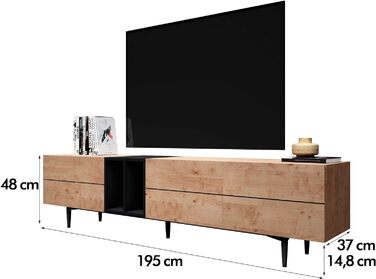 ТВ тумба Newfurn чорна дика дуба, вінтаж індастріал, 195x48x37 см, тумба під телевізор у вітальню