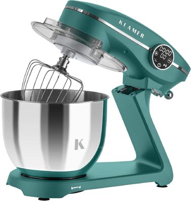 Кухонний комбайн KLAMER 1800W — Планетарний міксер для тіста з чашею 6л, 10 швидкостями та таймером, набір насадок (гак, вінчик, міксер), колір бірюзовий
