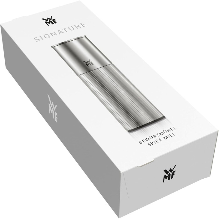 Ручний млинчик для солі та перцю WMF Signature Pro з керамічним механізмом, регулюванням помолу та магнітною кришкою, нержавіюча сталь, сріблястий
