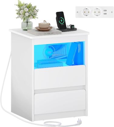 Комплект з 2 приліжкових тумб Brinlawb з LED-підсвіткою та зарядкою, чорний, з 2 шухлядами для спальні та вітальні