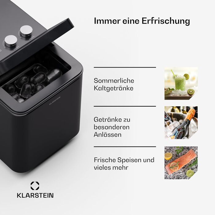 Льодогенератор Klarstein IceCraft 12 кг/24 год, швидке виробництво льоду (6 хв), 2 розміри, автоочищення, для кухні та бару, 150 Вт, чорний