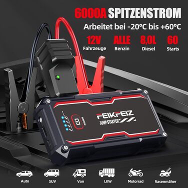 Автомобільний зарядний пристрій FEIKFEIZ Auto Starthilfe Powerbank, пусковий пристрій 6000A 26800mAh для 12V акумуляторів (бензин та дизель до 8.0L), з USB-портом та LED-ліхтарем