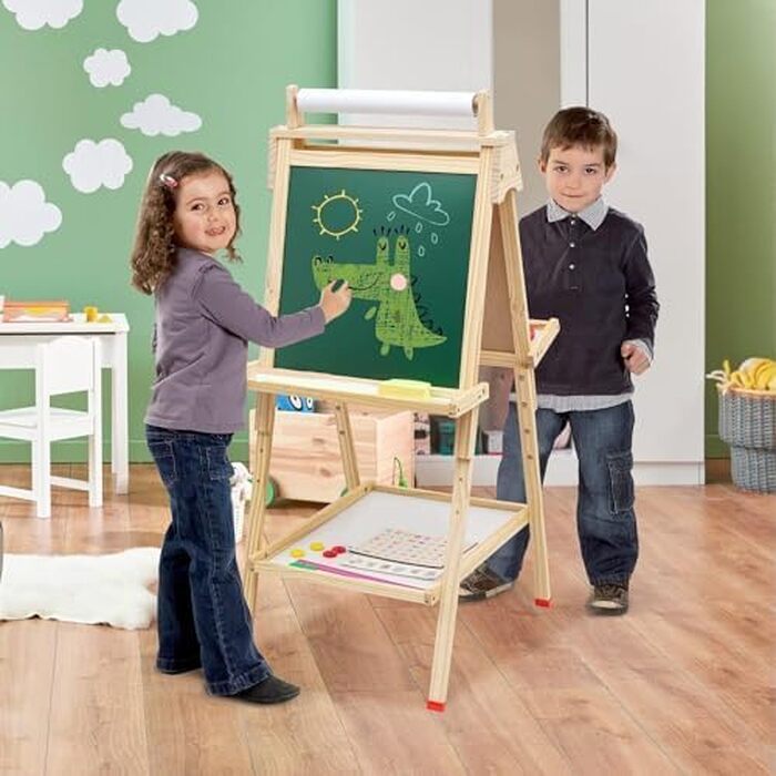 Дитячий двосторонній мольберт із рулоном паперу, whiteboard та грифельною дошкою, дерев'яний, регульований за висотою, бронзовий