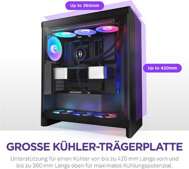 Корпус NZXT H7 Flow RGB для ПК, Mid-Tower ATX, з RGB-вентиляторами, підтримкою підлогових вентиляторів для прямого охолодження відеокарти, 360 мм, чорний