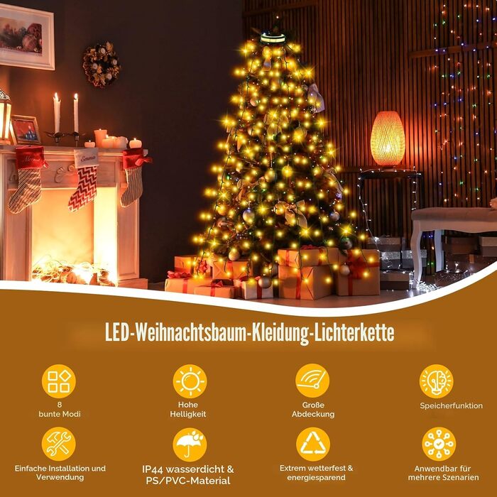 Світлодіодна гірлянда на ялинку з кільцем, 420 LED вогників, теплий жовтий колір, для ялинки 150-240 см, різдвяна ілюмінація