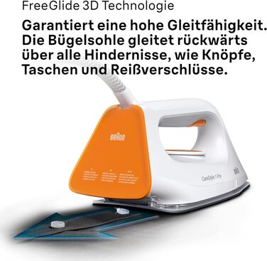 Праска з парогенератором Braun CareStyle 1 Pro IS 1511 WH: професійна система для прасування з технологією FreeGlide 3D, вертикальним відпарюванням, антикрапельним захистом, резервуаром 1.7 л, 5.5 бар, 2200 Вт, біло-помаранчевий