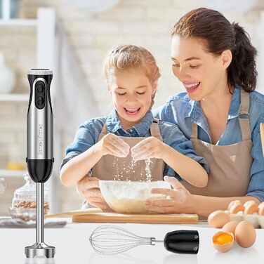 Занурювальний блендер Bonsenkitchen 2-в-1, електричний, 20 швидкостей, з насадкою вінчик, нержавіюча сталь, для супів, смузі, пюре, дитячого харчування, чорний