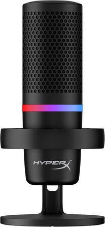 HyperX DuoCast USB конденсаторний мікрофон з RGB підсвіткою, вбудованим поп-фільтром, антивібраційним кріпленням, регулюванням підсилення, сумісний з ПК, PS5, PS4, Mac, чорний
