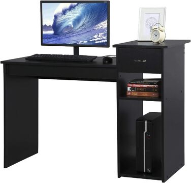 Стіл комп'ютерний Yaheetech 112x82x50 см, чорний, з висувною шухлядою та 2 полицями з МДФ для офісу та дому