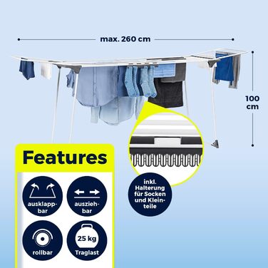 Сушарка для білизни EASYmaxx Falt XXL, телескопічна, 2.6 м, з роликами, для простирадл і рушників, для використання в приміщенні та на вулиці, без електрики