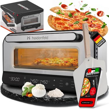 Електрична піч для піци Heidenfeld Pizzaboss, 1850 Вт, до 450°C, повний набір, сріблясто-чорний