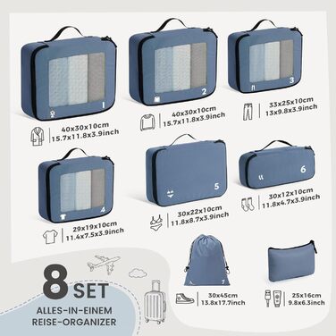 Набір органайзерів для валізи та рюкзака Packing Cubes, 8 предметів, синій — дорожній набір для пакування речей