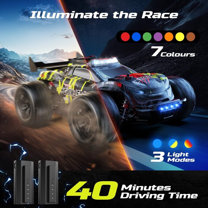 Позашляховик DEERC 1:14 Brushless 4WD, 43 милі/год, з LED підсвіткою, металевими амортизаторами та 2x 7.4V акумуляторами