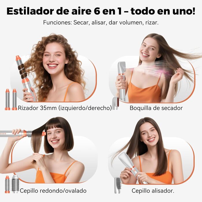 Hairstyler 5-в-1 з ефектом Coandă: Фен-щітка, автоматичний завивач, кругла щітка для об'єму та сушіння (Помаранчевий)
