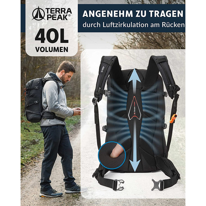 Туристичний рюкзак Terra Peak Flex 40L чорний, з вентиляцією спини, регочохлом і кріпленням для питної системи, 3D Air Mesh, для походів, з поясом, преміум-якість