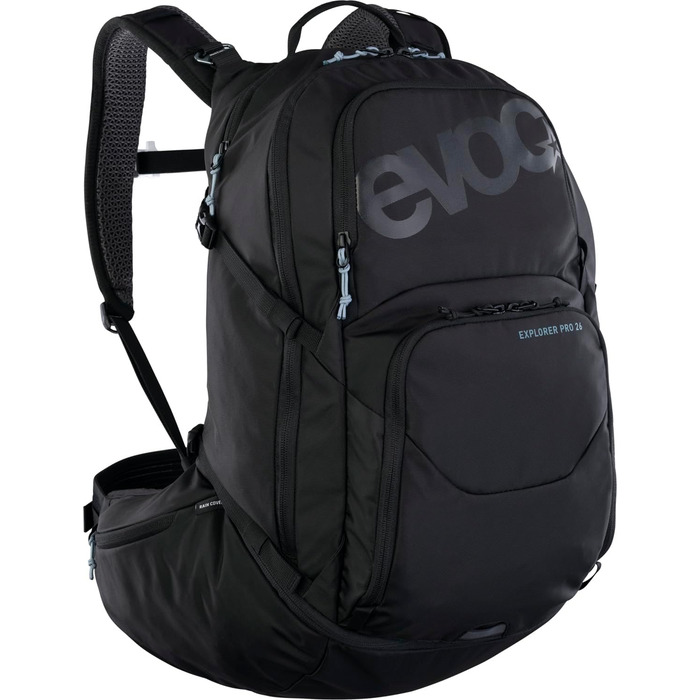 Рюкзак EVOC EXPLORER PRO 26л чорний – комфортний міський та туристичний рюкзак з системою вентиляції AIR FLOW CONTACT, гнучким поясом AIRO FLEX, відділенням для питної системи та дощовиком, преміум-якість