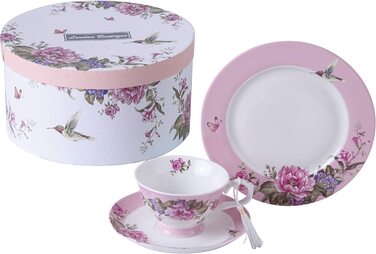 Чашка та блюдце з порцеляни Shabby Chic, 19,1 см, десертна тарілка, вінтаж, птах, метелик, квіти, подарункова коробка (рожевий)