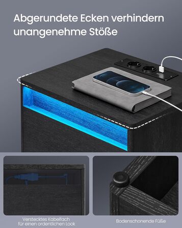 VASAGLE приліжковий столик з LED-підсвіткою, розетками та USB, сучасний, ящик, для спальні і вітальні, чорний
