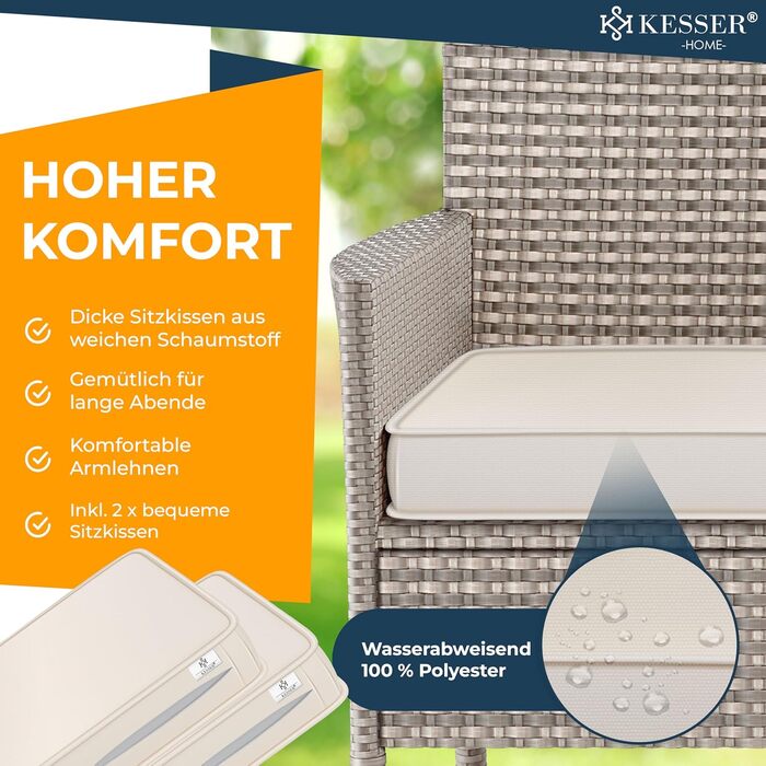 Садова банкетка KESSER® з ротангу на 2 особи з інтегрованим столиком, 143×63×88 см - стійка до погодних умов, комплект з подушками та чохлами (сірий)
