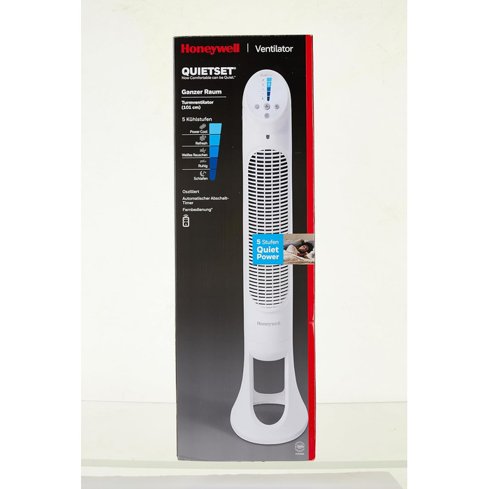 Оцилюючий турбовентилятор Honeywell QuietSet HYF260 для всієї кімнати, 5 швидкостей, 80° осциляція, таймер, автоматичне вимкнення підсвітки, пульт ДК