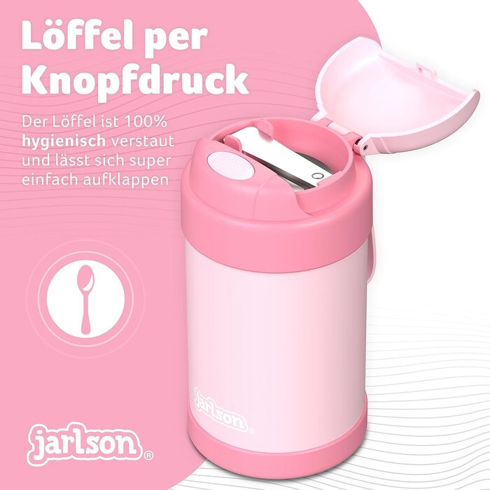 Термос для їжі Jarlson YUMMY 450 мл рожевий, харчовий контейнер з ложкою, нержавіюча сталь, для дитячого харчування, йогурту, мюслі, термобанка для їжі