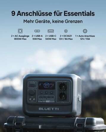Портативна зарядна станція BLUETTI Elite 100 V2 1024Вт·год, LiFePO4, 2x1800Вт AC, чорна (комплект з сонячною панеллю 200Вт)