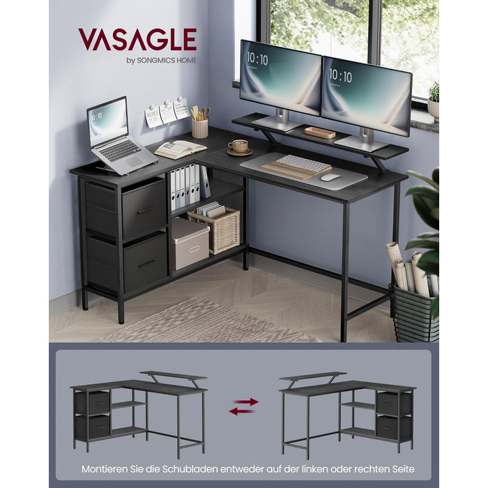 Комп'ютерний стіл VASAGLE L-подібної форми з 2 ящиками, 135 x 105 см, чорний, для геймінгу, з регульованою підставкою для монітора