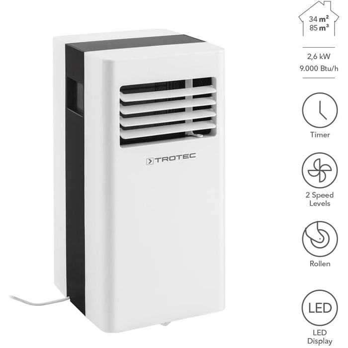 Мобільний кондиціонер TROTEC PAC 2600 X 3-в-1: охолодження, вентиляція, осушення, 2,6 кВт (9000 BTU/год) для приміщень до 34 м², 2 швидкості вентиляції