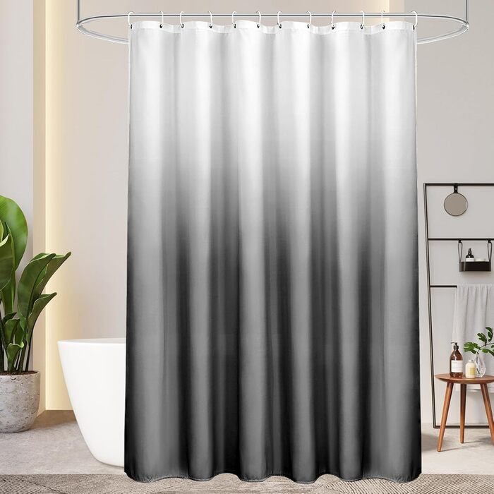 Текстильна шторка для душу AooHome 200x200 см, сіра, водонепроникна, антипліснява, з 14 кільцями, градієнт білий-чорний, 120 г/м²