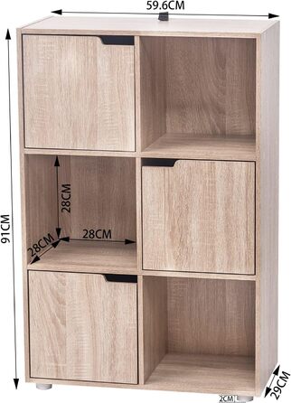 Книжкова шафа WOLTU з 3 дверцятами та 6 полицями, дуб, 29x91x59,6 см, офісний стелаж-роздільник