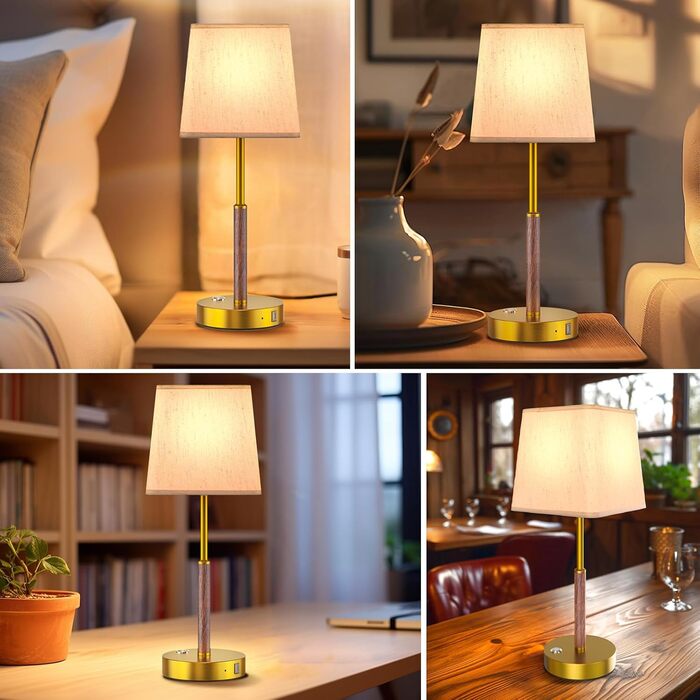 Guijiyi Настільна лампа з димером, сенсорна, 2 шт., бездротова, з 2 LED-лампами, лляний абажур, портативна, USB-зарядка, для декору спальні, вітальні, тумбочки, дитячої кімнати