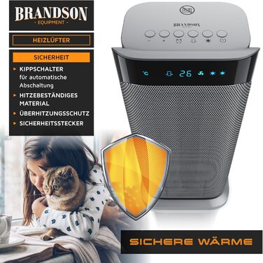Керамічний обігрівач Brandson 2000 Вт з дистанційним керуванням, енергоощадний, тихий, для ванної кімнати, з осциляцією, сріблястий, сертифікат GS, переможець 2024 року