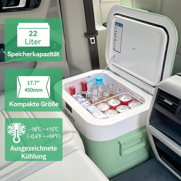 Автохолодильник BINGI 22л портативний, 12/24V DC, 230V AC: для авто, кемпінгу, дому (зелений)