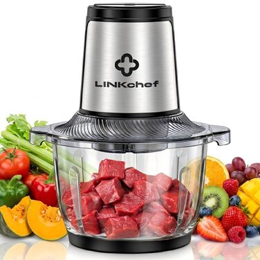Електричний універсальний подрібнювач LINKChef, скляна чаша 1,5 л, 2 швидкості, 3 сталеві леза для м'яса, овочів, горіхів та дитячого харчування, сріблясто-чорний