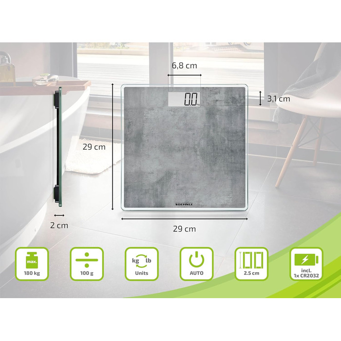 Електронна вага Soehnle Style Sense Compact 300 Concrete, LCD-дисплей, ультратонкий дизайн, максимальна вага 180 кг, бетон