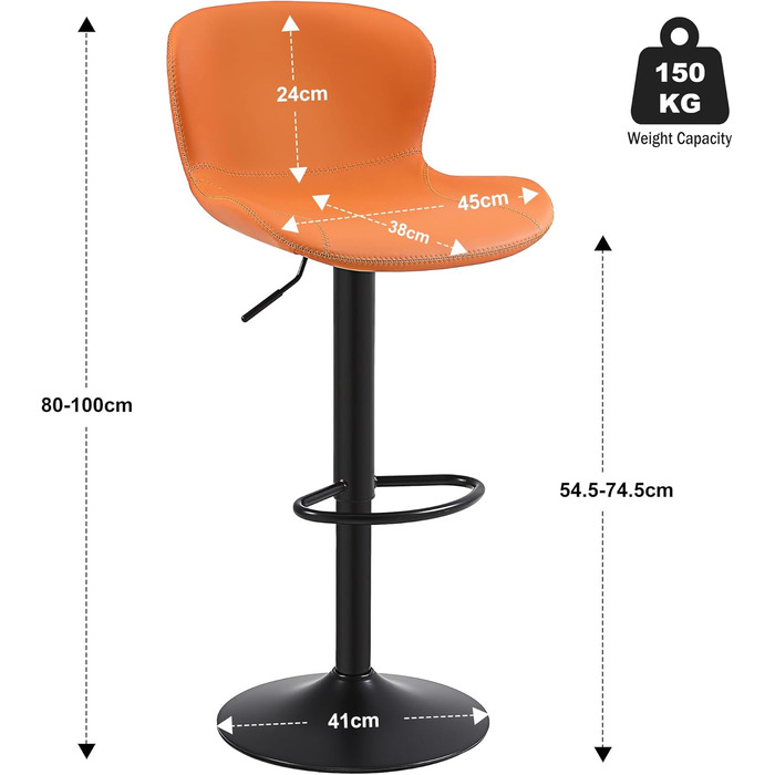 Стілець барний Youhauchair, 2 шт, регульований, PU шкіра, водостійкий, з підлокітниками, обертовий, сучасний, помаранчевий