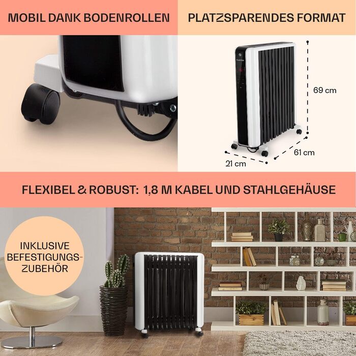 Електричний масляний радіатор Klarstein Thermaxx 2500 - опалення 2500 Вт, термостат 5-35°C, LED-дисплей, таймер, легкий, з роликами, білий/чорний