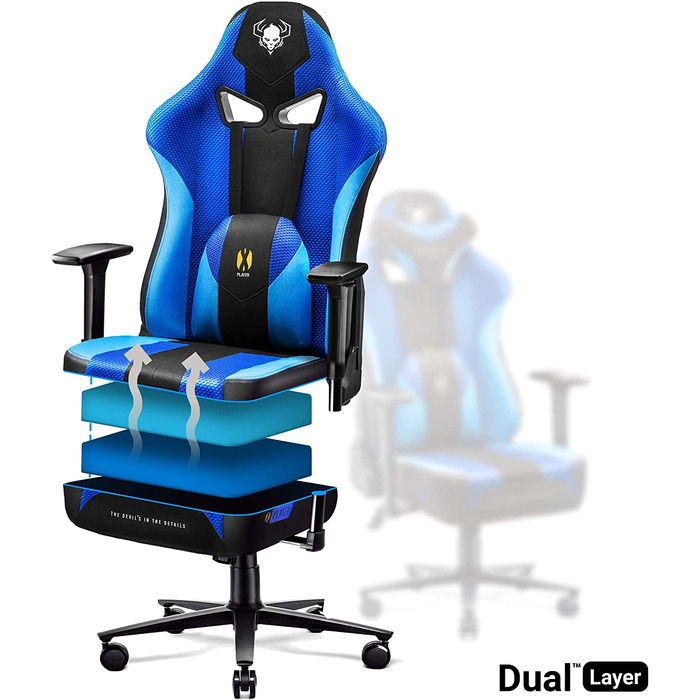 Ігрове крісло Diablo X-Player Frost Black L, тканинне, ергономічне, 3D підлокітники, для офісу і комп'ютера, з подушками для шиї та попереку