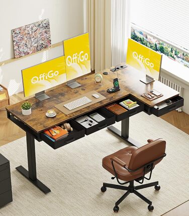 Регульований кутовий стіл OffiGo 160x80 см з 4 ящиками, електричний, для офісу/кабінету, коричневий, вінтажний стиль