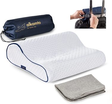 Подушка для подорожей Alkamto з ергономічною формою, memory foam, температурний контроль, додатковий бавовняний чохол, сумка для транспортування, 35x30x10/8 см, біла, для кемпінгу та сну