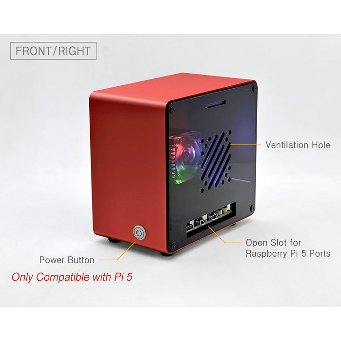 Алюмінієвий корпус ElectroCookie Mini Tower для Raspberry Pi 5 з вентилятором і підсвіткою RGB (червоний)