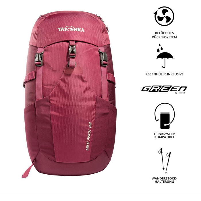 Рюкзак для туризму Tatonka Hike Pack 22 л з вентильованою спинкою та дощовиком, легкий і зручний, бордовий