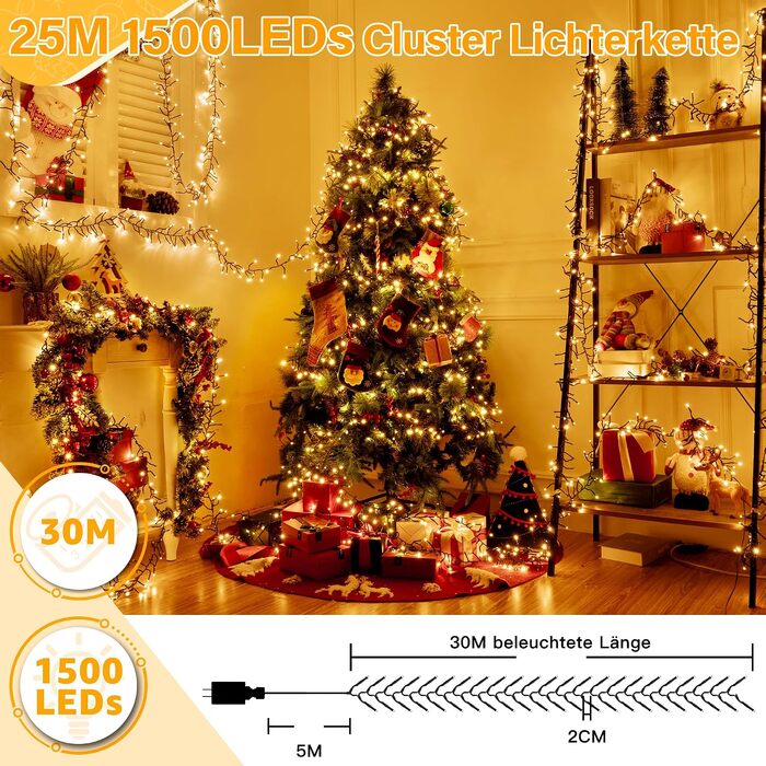 Світлодіодна гірлянда Cluster 30м, 1500 LED теплий білий колір, вулична з пультом керування