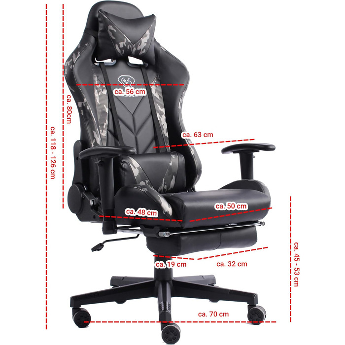 Ігрове крісло Gaming Chair з підніжкою, ергономічними 4D-підлокітниками та регульованою підтримкою спини, офісне крісло для геймерів (Чорний/Мілітарі-сірий)