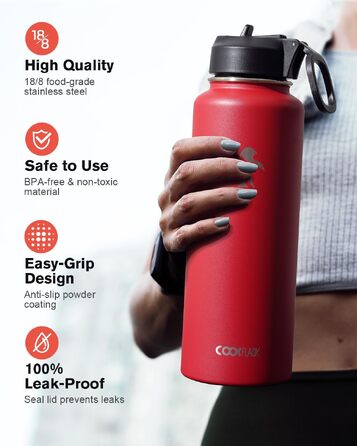 Термопляшка Coolflask з соломинкою та 3 кришками, 1.2 л, нержавіюча сталь, червона — ізольована спортивна пляшка для води, офісу та подорожей, герметична