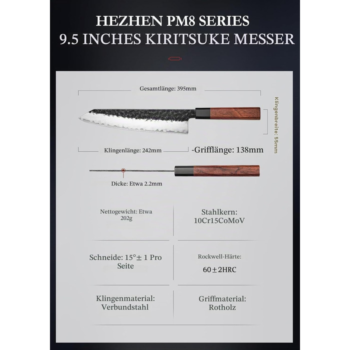 Професійний японський ніж Kiritsuke HEZHEN 21,5 см, кухонний ніж із 3-шарової дамаської сталі з восьмигранною ручкою з червоного дерева та дерев'яним чохлом